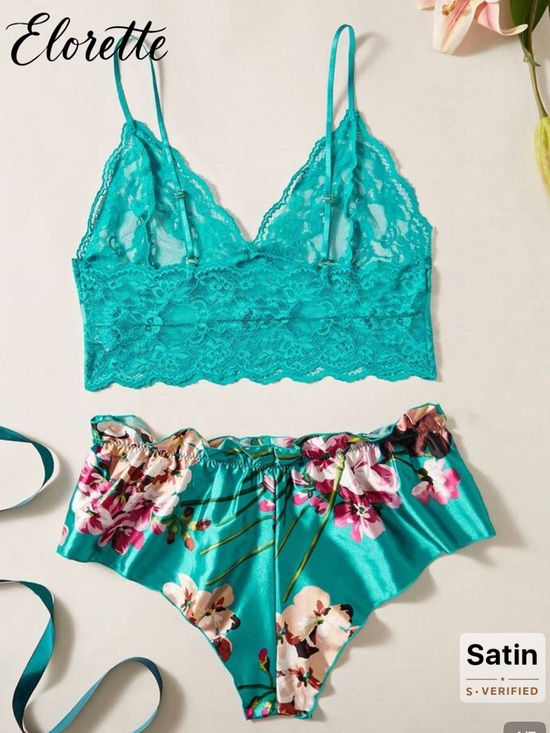 Other - Turquoise Lace Bralette Satin Floral Brief Set elorette 10 XL nwt